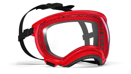 hundebrille in farbe rot mit metallic effekt. mit klarer scheibe